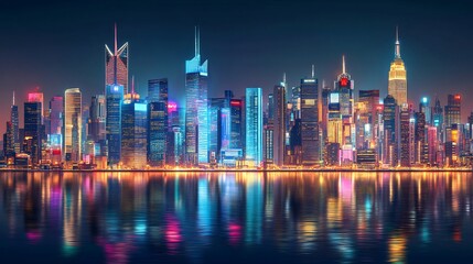 Vibrant Metropolis Night Skyline Reflection