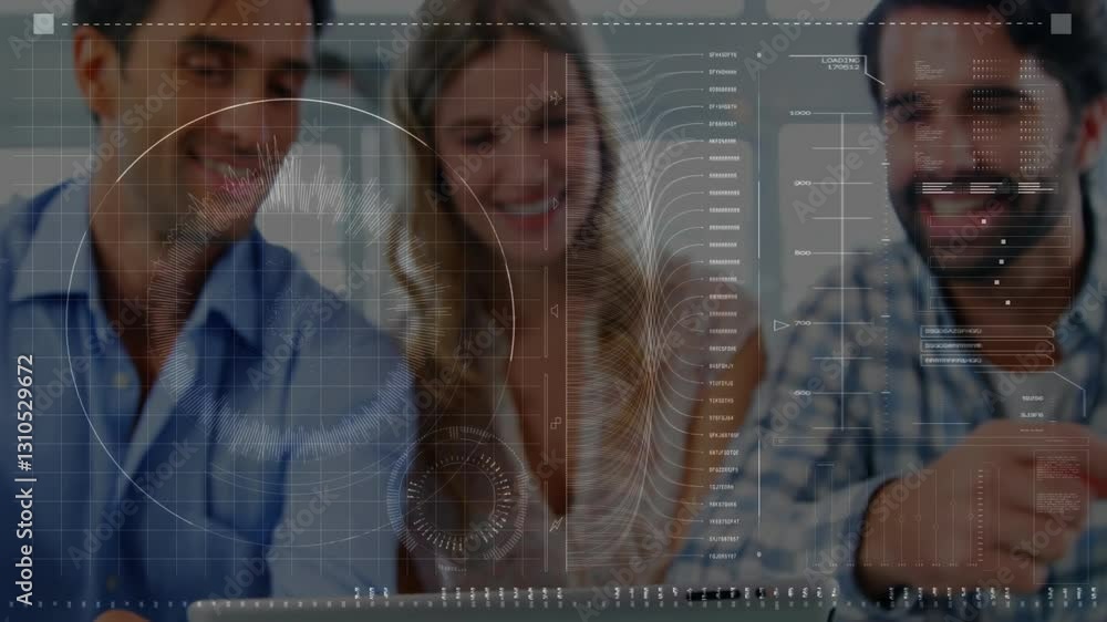 Aufkleber collaborating with digital data interface overlay, diverse group in school setting