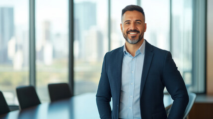Fototapeta premium confident businessman stands near conference table with city skyline view, exuding professionalism and success.