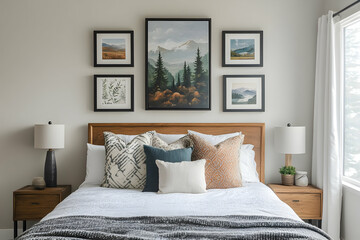 Spacious bedroom with a statement painting above a cozy bed