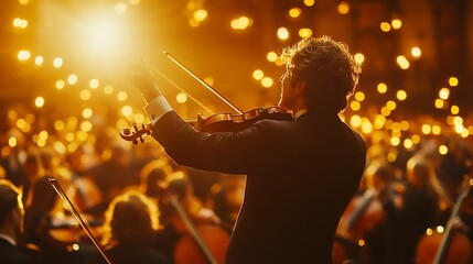 Fototapeta premium Violinist Performing Concert, Candlelit Stage