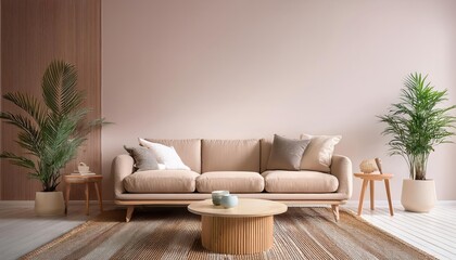 Cozy Minimalist Scandinavian Interior, featuring a Plush Gray Sofa and Sleek Coffee Table under Warm Wooden Beams, Embracing Serene Hygge in a Modern Nordic Space.