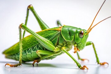 Green Bush-Cricket (Tettigonia viridissima) on White Background - High-Resolution Stock Photo