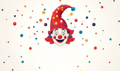 Fototapeta premium Joyful clown face smiling amidst colorful confetti, celebrating april fools' day with laughter and amusement