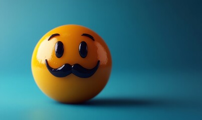 3d rendering of a glossy yellow emoji with a mustache smiling on a turquoise background, perfect for april fools' day