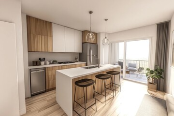 Modern open-concept kitchen with a bright, airy feel, featuring light-colored cabinets, a wood-toned island, and access to a patio.