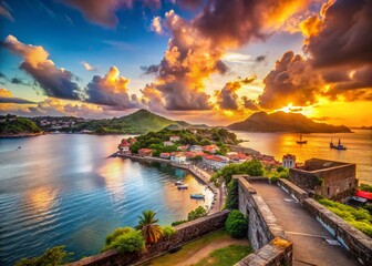 Obraz premium Grenada Fort St George Panoramic Harbor View - Surreal Sunset