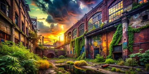 Fototapeta premium Gritty Industrial Landscape: Smoky Spray Paint Art on Derelict Factory