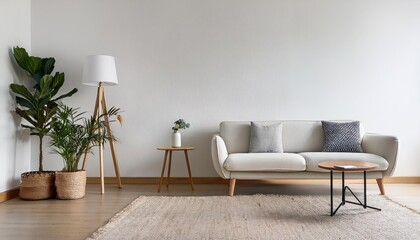 Elegant Minimalist Living Room Interior, White Wall Invites Art or Decor with a Touch of Warmth and Neutral Tones.