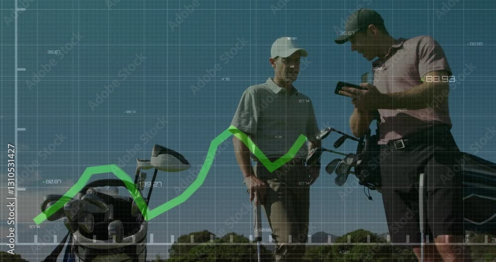 Poster golfers analyzing data on course with financial graph overlay animation