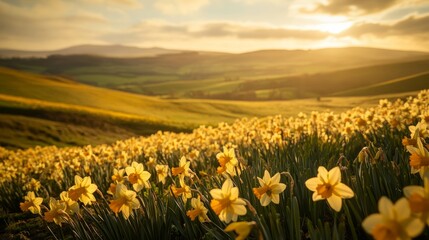 Fototapeta premium Vibrant Yellow Daffodil Field at Sunset Rolling Hills Landscape