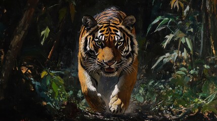 Tiger prowling through the jungle, intense gaze and shadows