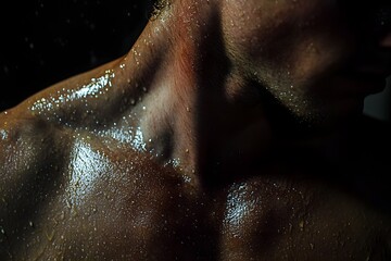 Glistening Masculine Physique Showcasing Sculpted Muscles in Dramatic Lighting
