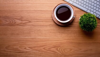Minimalist Office Elegance Streamlined Workspace Featuring a Wooden Table, Sleek Notebook, Coffee Cup, and Modern Wireless Keyboard A Timeless and Sophisticated Scene Perfect for Home Decor,