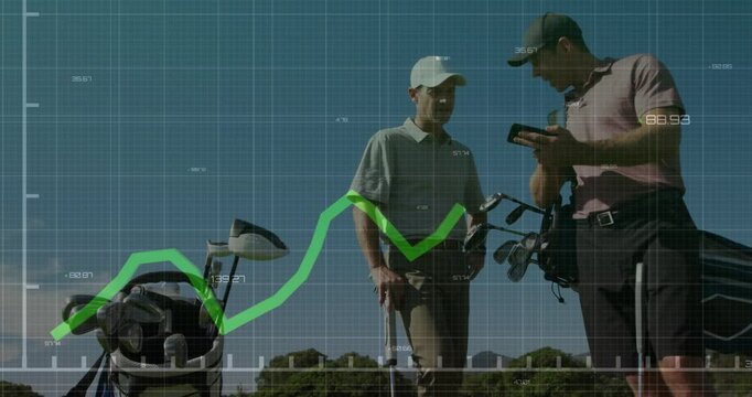 Golfers analyzing data on course with financial graph overlay animation
