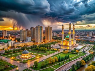 Fototapeta premium Grozny Cityscape: Rainy Day Panorama - Chechen Republic, Russia