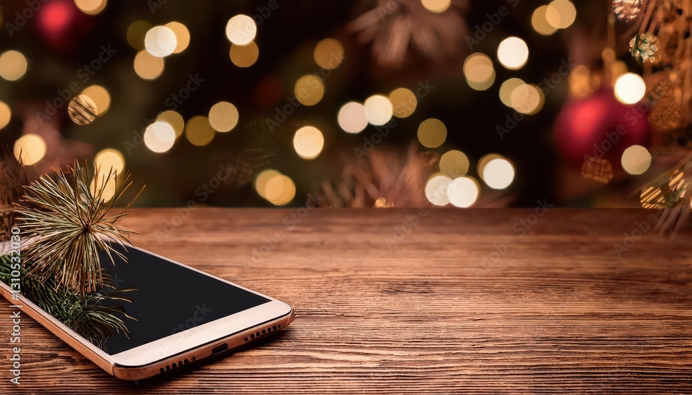 Poster a smartphone resting on a rustic wooden table against a festive new year backdrop, capturing the ele
