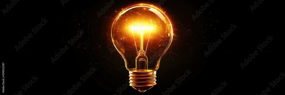 Poster minimalist icon of a glowing light bulb with bright yellow highlights in clean style design for crea