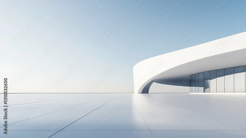 Poster modern architecture, a white building with a curved shape on the right side of the frame