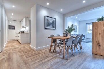 Modern open-plan apartment dining area, bright, spacious, use for interior design