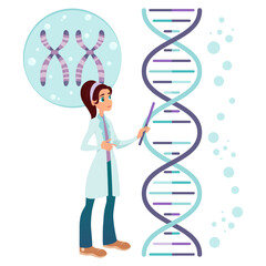 Obraz premium Female scientist editing a DNA structure. Vector illustration in flat style