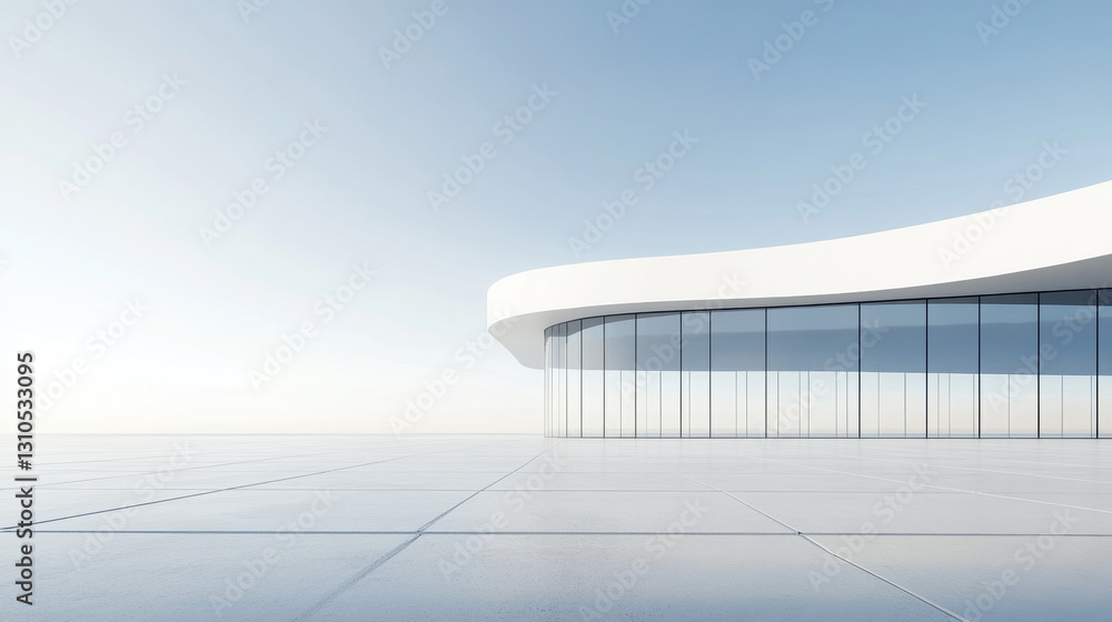 Poster modern architecture, a white building with a curved shape on the right side of the frame