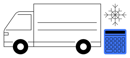 Delivery truck next to blue calculator and snowflake, representing cold chain logistics, cost planning, and efficiency. Ideal for transport, logistics, finance, supply chain, refrigeration