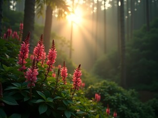 Sunlit pink flowers in lush rainforest, misty background nature scene
