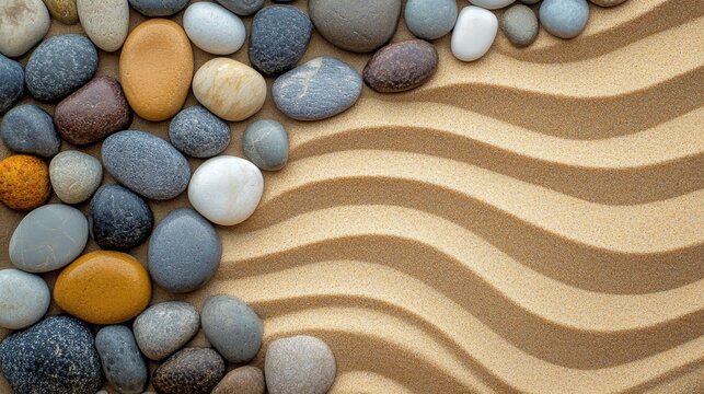 Rounded smooth stones are arranged on rippled textured sand - Powered by Adobe