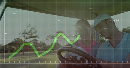 Two people analyzing data with financial graph animation over golf course - Powered by Adobe