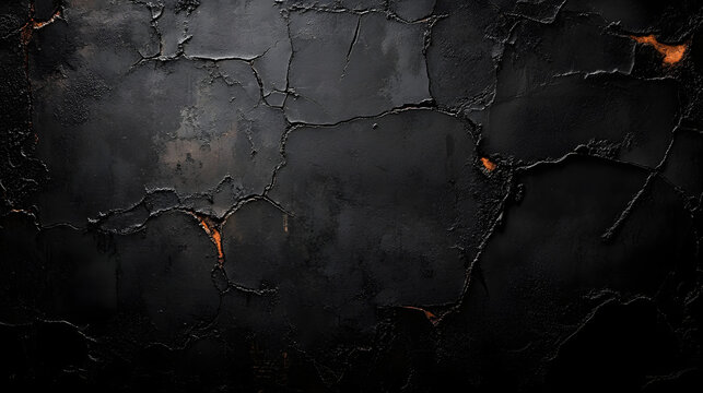 A dramatic dark black cracked surface with subtle orange highlights, creating a rugged and industrial aesthetic