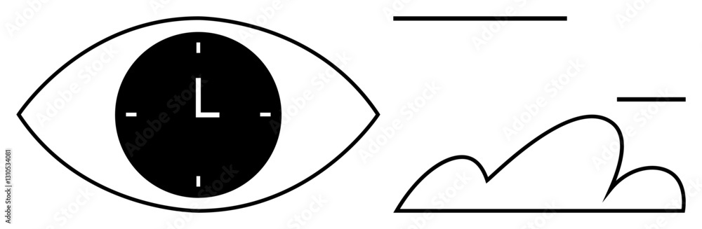 Poster eye outlined with clock inside emphasizes time perception, paired with simple cloud and lines. ideal