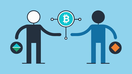 Obraz premium PeertoPeer Transaction Two stickfigure characters exchanging digital currency symbols directly with a blockchain graphic in the background indicating the peertopeer nature of