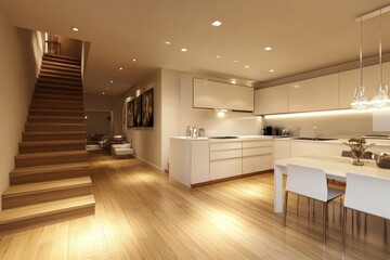 Modern open-plan apartment interior with wooden stairs, kitchen, and dining area.