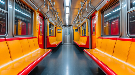 A clean and modern subway train interior with bright orange and red seats, illuminated by overhead fluorescent lights