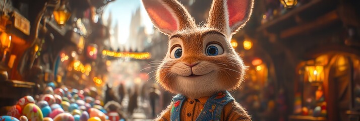 a cheerful rabbit  surrounded by colorful festive elements in a lively market setting, perfect for themed design backgrounds or whimsical digital overlays offering a joyful ambiance