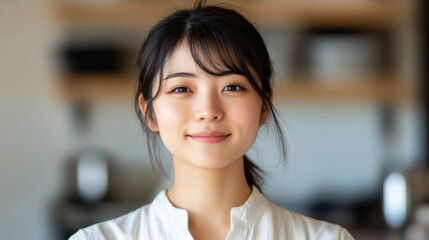 young Japanese woman with warm smile, wearing white blouse, stands in bright kitchen.