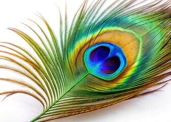 Obraz premium Peacock Feather White Background Stock Photo, Elegant Bird Feather Image, Copy Space for Text, Nature Photography, Beautiful Plume