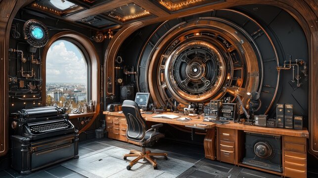 Steampunk office interior with city view