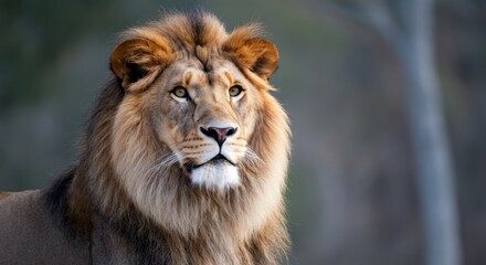 Obraz premium Majestic lion portrait with lush mane in natural habitat