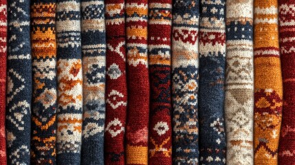 Stacked knitted sweaters displayed with different colors and patterns shown