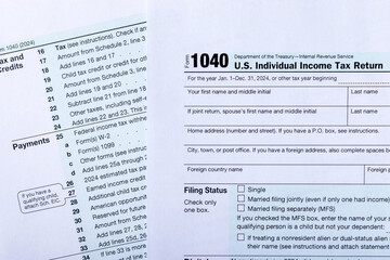 Individual income tax return form 1040. Tax payment and filing concept