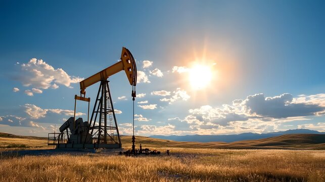 Onshore Oil Drilling Rig in Remote Desert Landscape Under a Vibrant Sky with Sun Rays and Rolling Hills in the Background