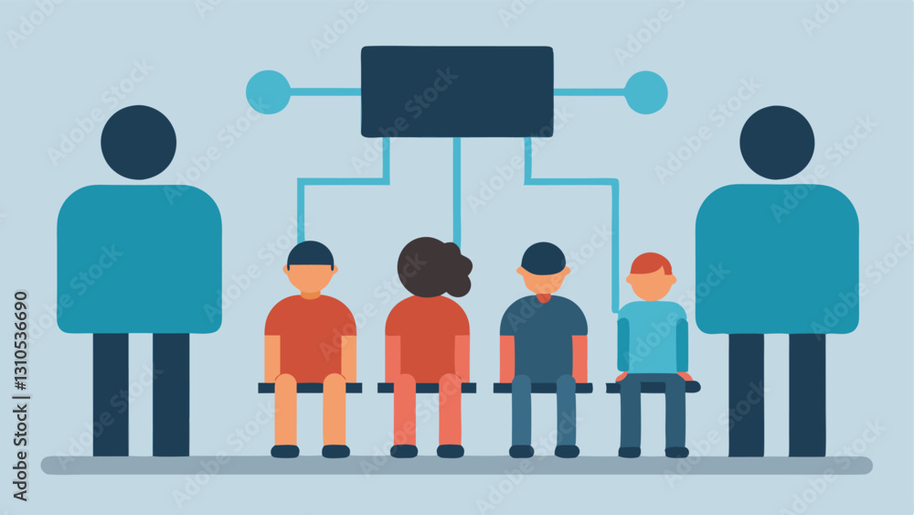 Poster social services allocation families depicted in a waiting room while a computer algorithm decides wh