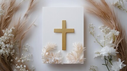 A minimalist Easter card with a golden cross and soft florals