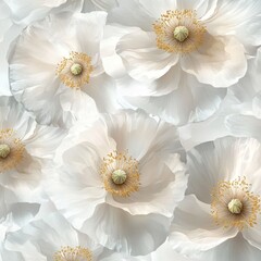 Close-up of delicate white poppies with subtle gold centers.