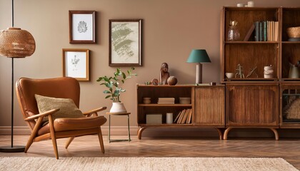 Stylish Living Room Interior Design Brown Armchair, Wooden Bookcase, Pendant Lamp, and Plush Carpet in a Cozy Warm Atmosphere Perfect for Home Decor Inspiration or Digital Art