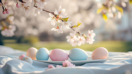 Easter background with pastel-colored eggs and cherry blossoms on a table
