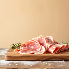 Sliced Pork Ham Prosciutto Cotto on Wooden Board, Beige Wall Background with Copyspace