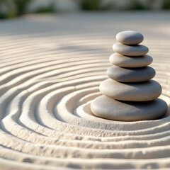 Close-Up of Stacked Zen Stones with Swirling Sand, Meditation, Balance, and Serenity Concept